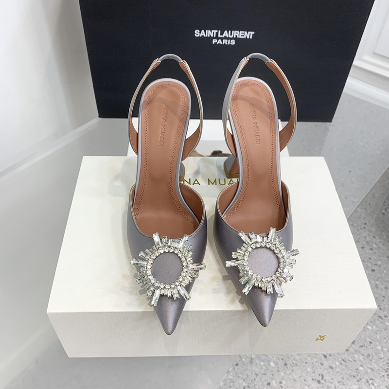 Amina Muaddi Begum Crystal Satin Slingback Pumps Gray