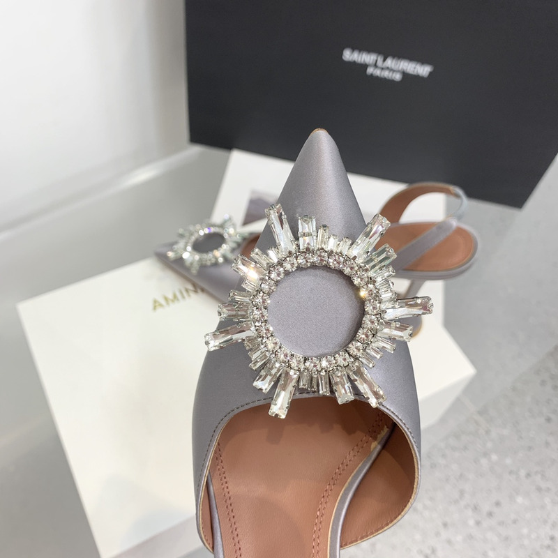 Amina Muaddi Begum Crystal Satin Slingback Pumps Gray