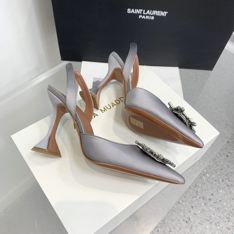 Amina Muaddi Begum Crystal Satin Slingback Pumps Gray