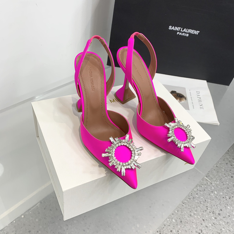 Amina Muaddi Begum Crystal Satin Slingback Pumps Hot Pink