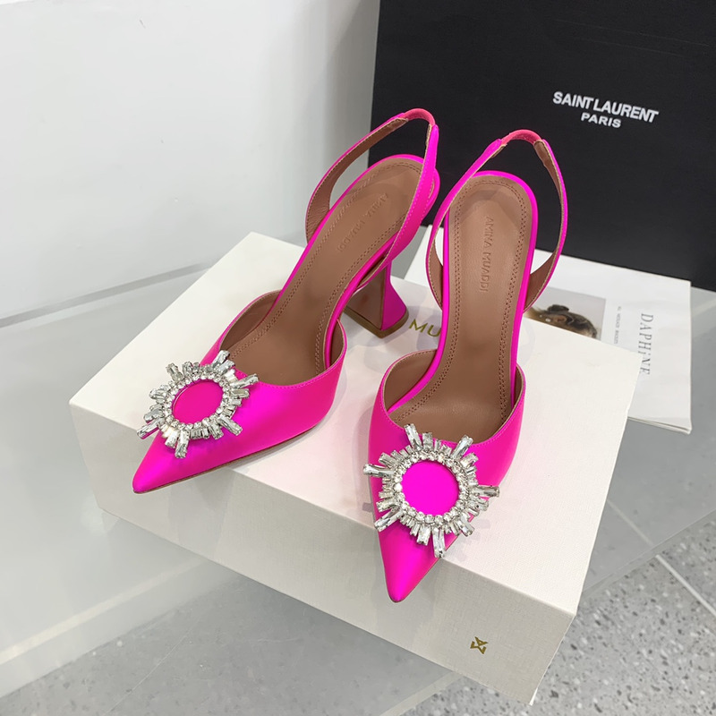 Amina Muaddi Begum Crystal Satin Slingback Pumps Hot Pink