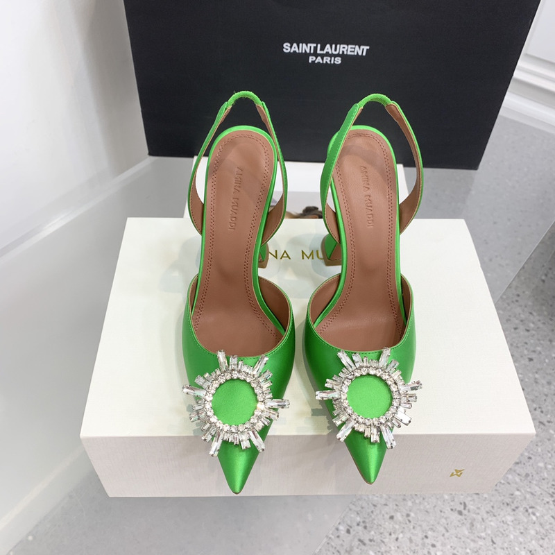 Amina Muaddi Begum Crystal Satin Slingback Pumps Bright Green