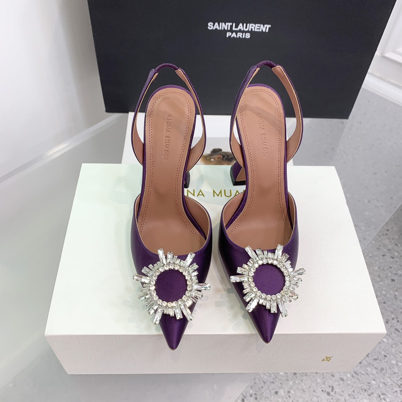 Amina Muaddi Begum Crystal Satin Slingback Pumps Dark Purple