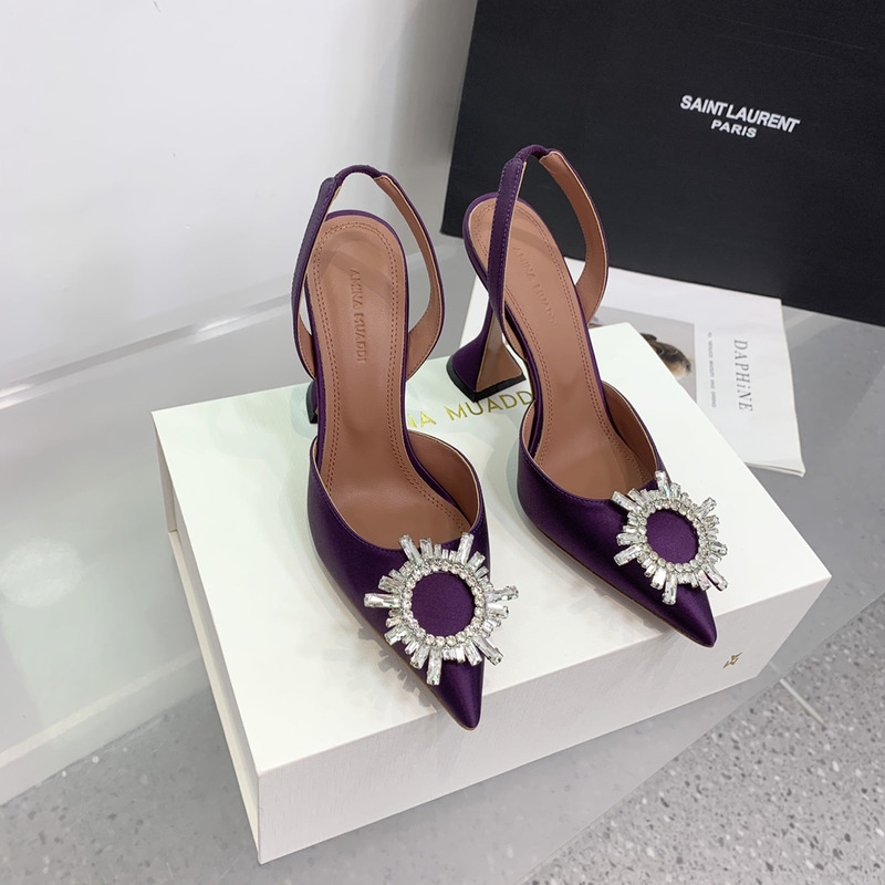 Amina Muaddi Begum Crystal Satin Slingback Pumps Dark Purple