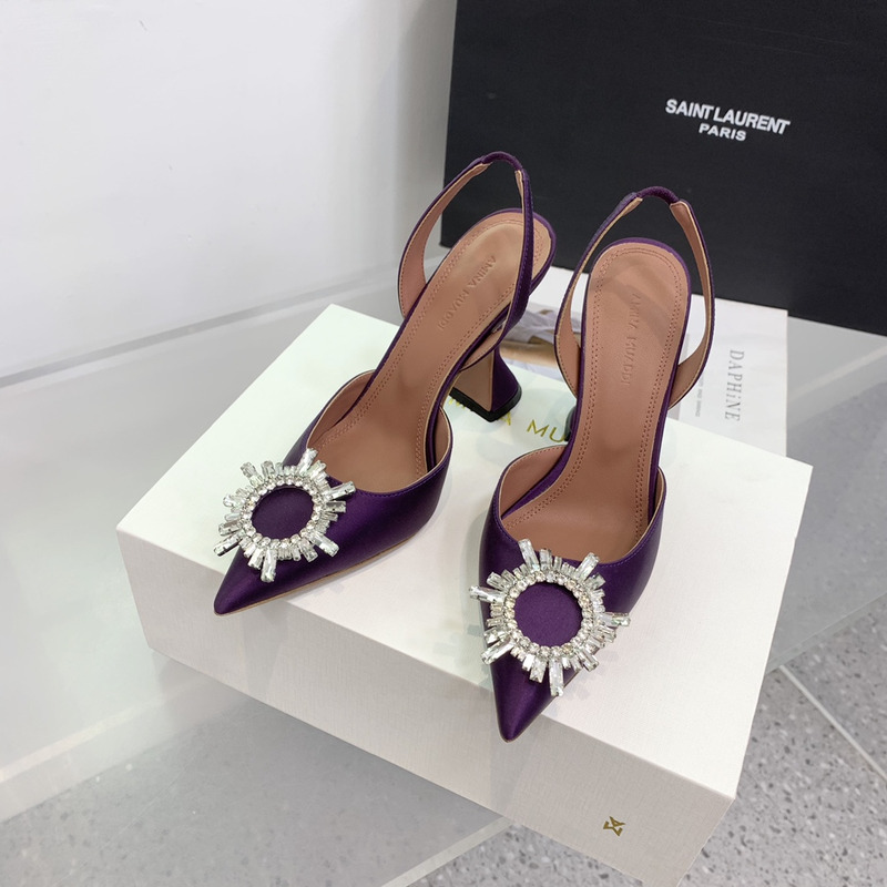 Amina Muaddi Begum Crystal Satin Slingback Pumps Dark Purple