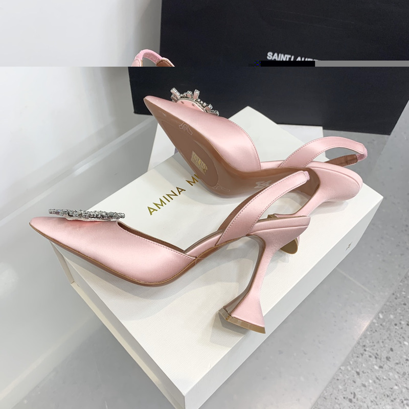 Amina Muaddi Begum Crystal Satin Slingback Pumps Light Pink