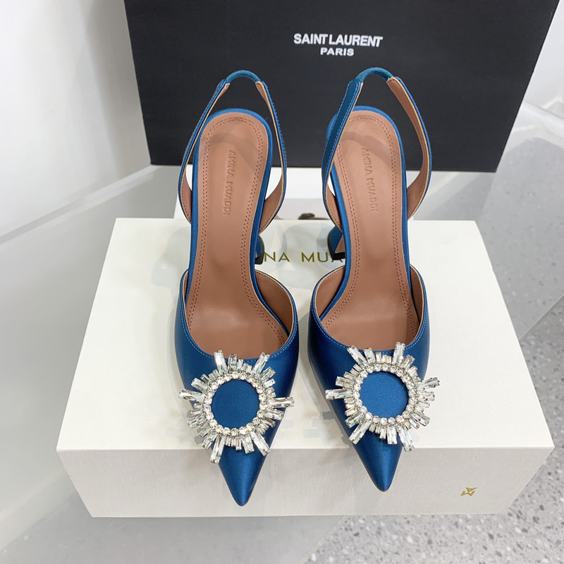 Amina Muaddi Begum Crystal Satin Slingback Pumps Dark Blue