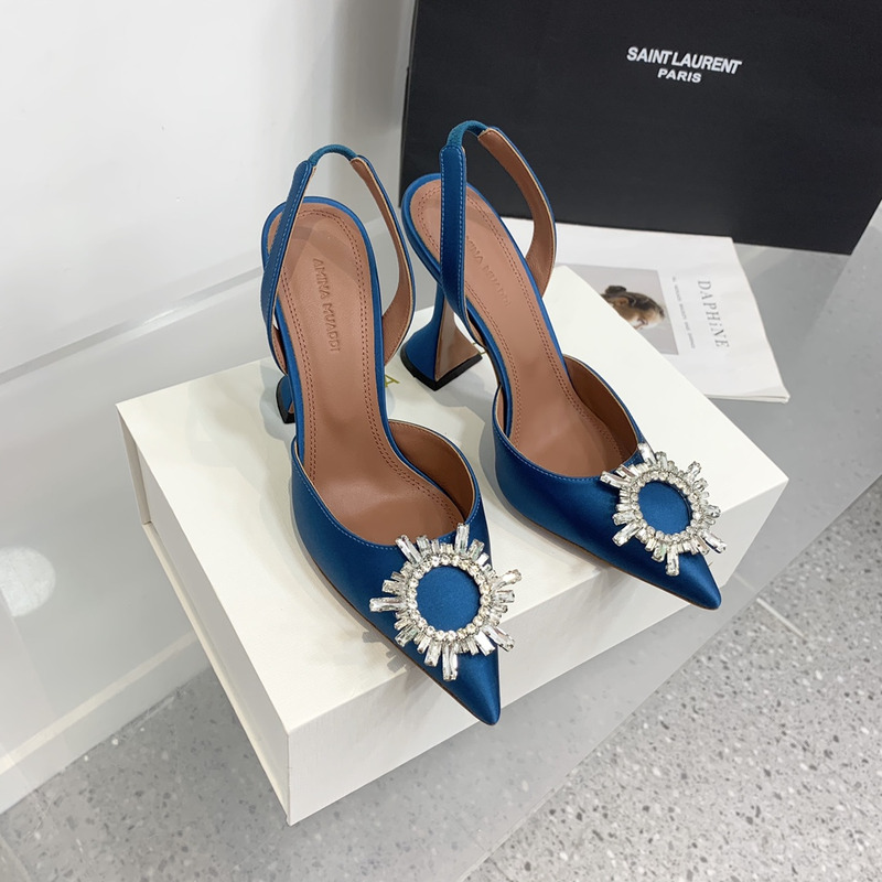 Amina Muaddi Begum Crystal Satin Slingback Pumps Dark Blue