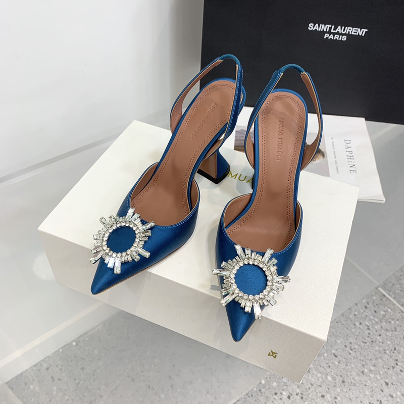 Amina Muaddi Begum Crystal Satin Slingback Pumps Dark Blue