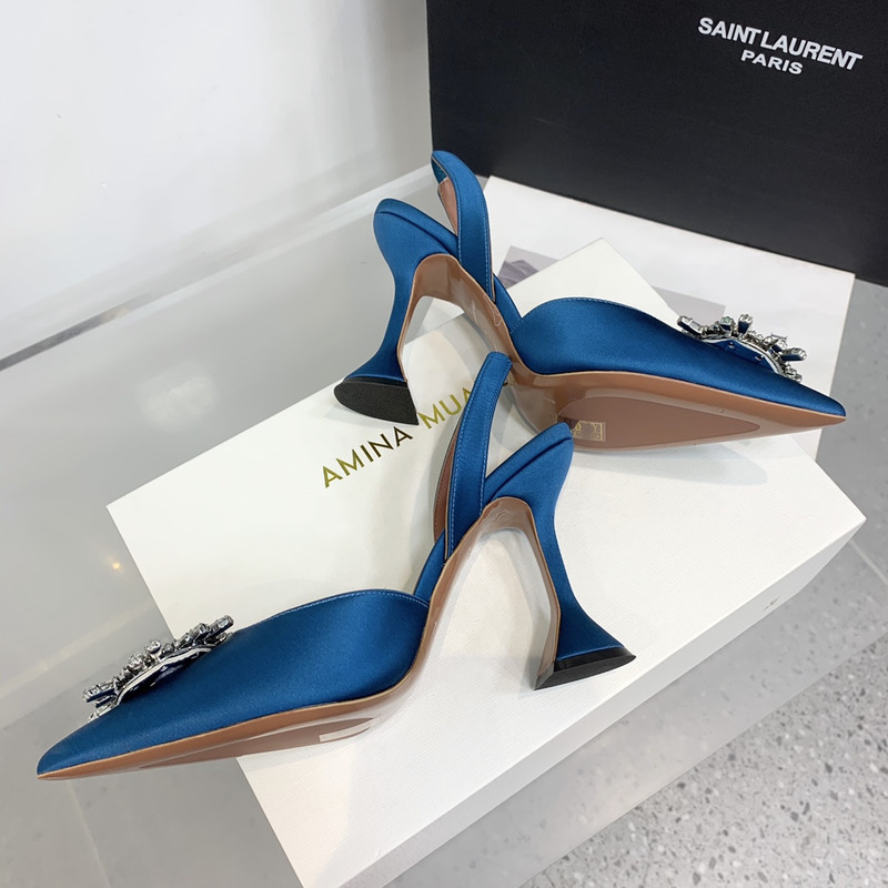 Amina Muaddi Begum Crystal Satin Slingback Pumps Dark Blue