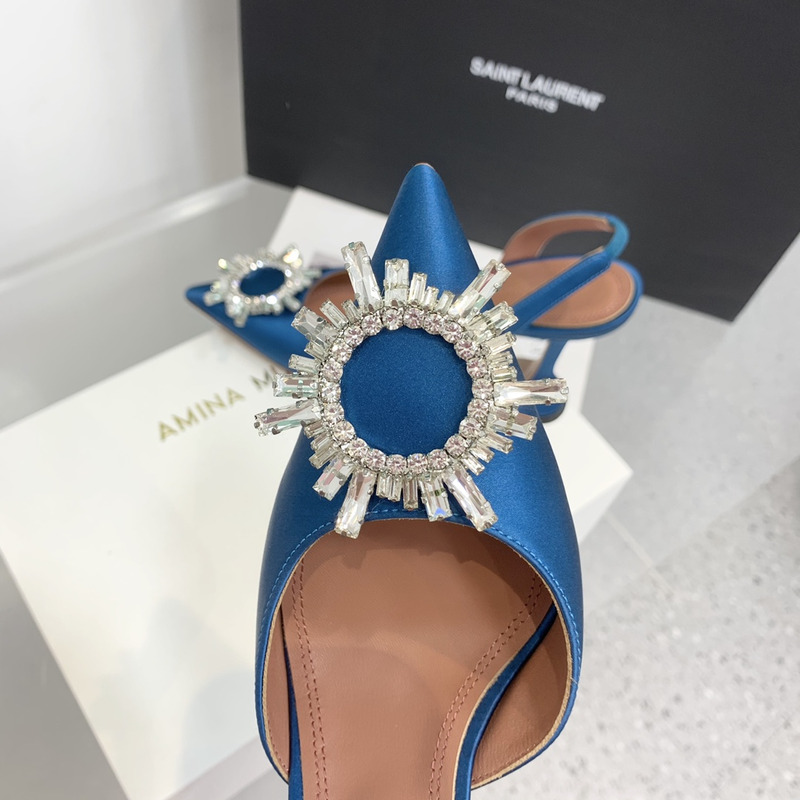 Amina Muaddi Begum Crystal Satin Slingback Pumps Dark Blue