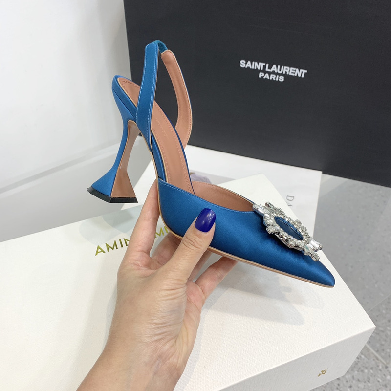 Amina Muaddi Begum Crystal Satin Slingback Pumps Dark Blue