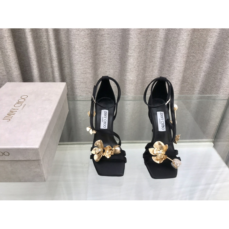 Jimmy Choo Zea 95 Black Satin Sandals with Metal Flowers