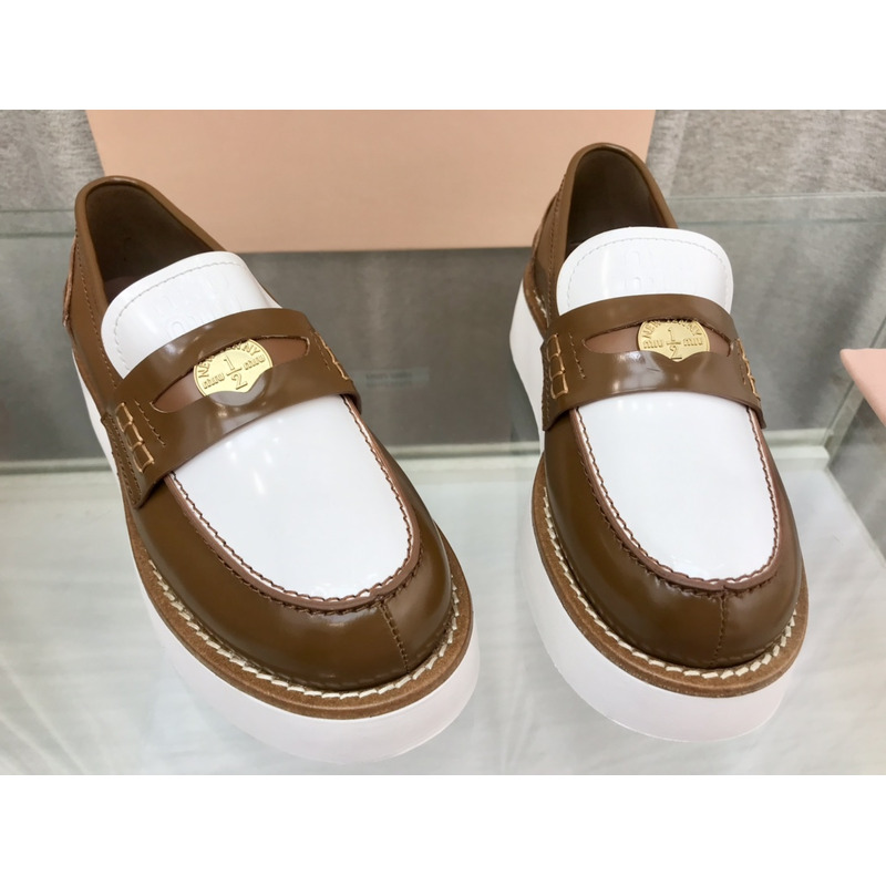 Miumiu Leather Penny Loafers White And Brown