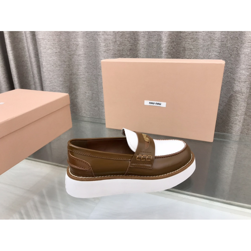 Miumiu Leather Penny Loafers White And Brown