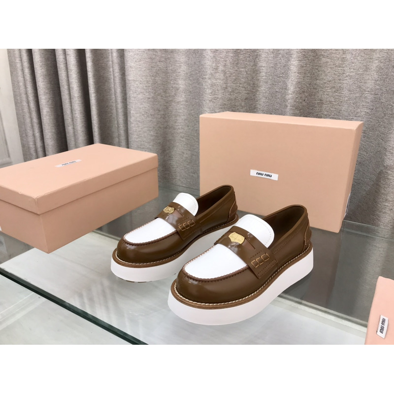 Miumiu Leather Penny Loafers White And Brown