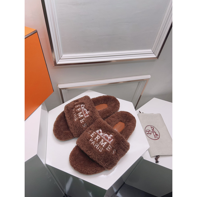 Hermès Logo Embroidered Fur Slippers Coffee