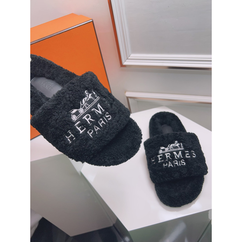 Hermès Logo Embroidered Fur Slippers Black