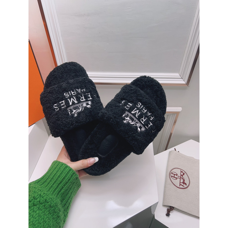 Hermès Logo Embroidered Fur Slippers Black