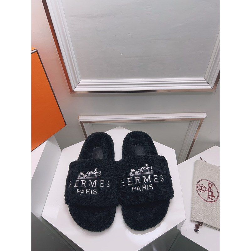 Hermès Logo Embroidered Fur Slippers Black