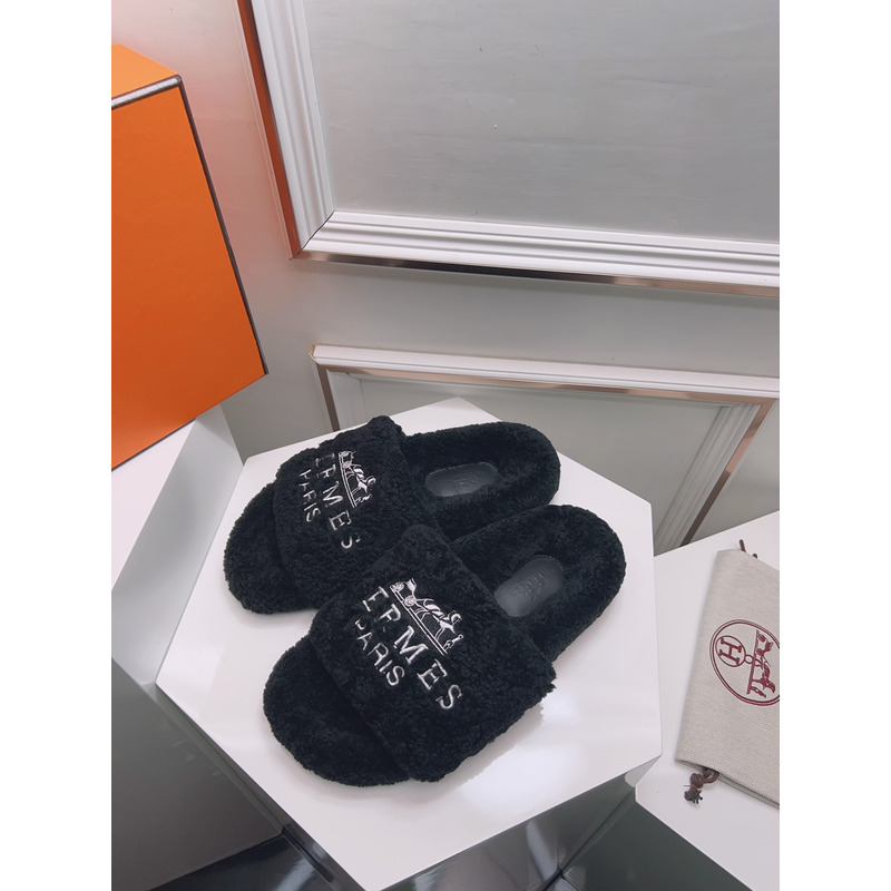 Hermès Logo Embroidered Fur Slippers Black