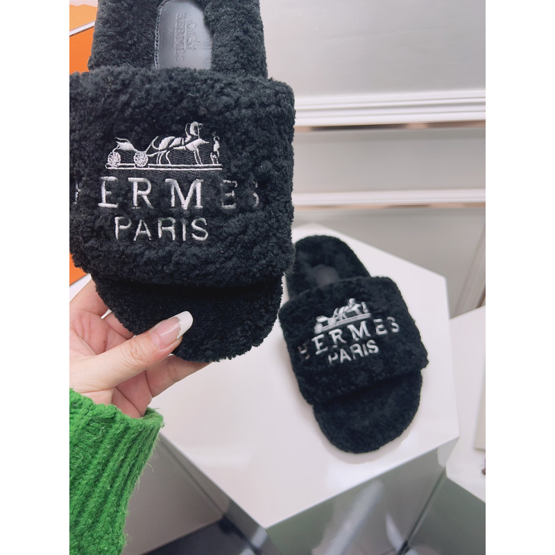 Hermès Logo Embroidered Fur Slippers Black