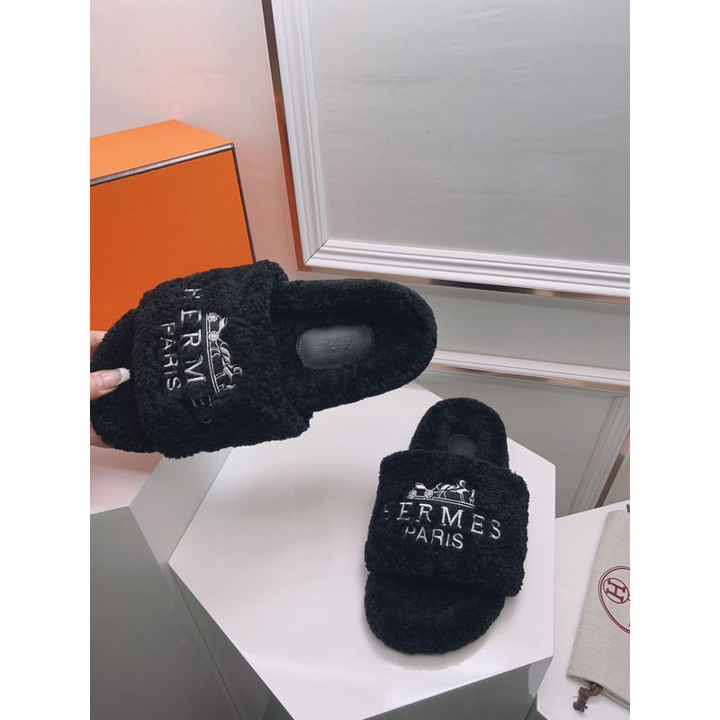 Hermès Logo Embroidered Fur Slippers Black