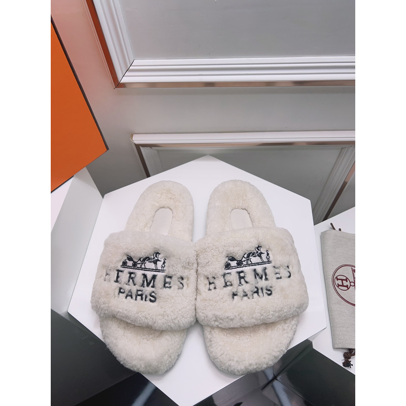 Hermès Logo Embroidered Fur Slippers White