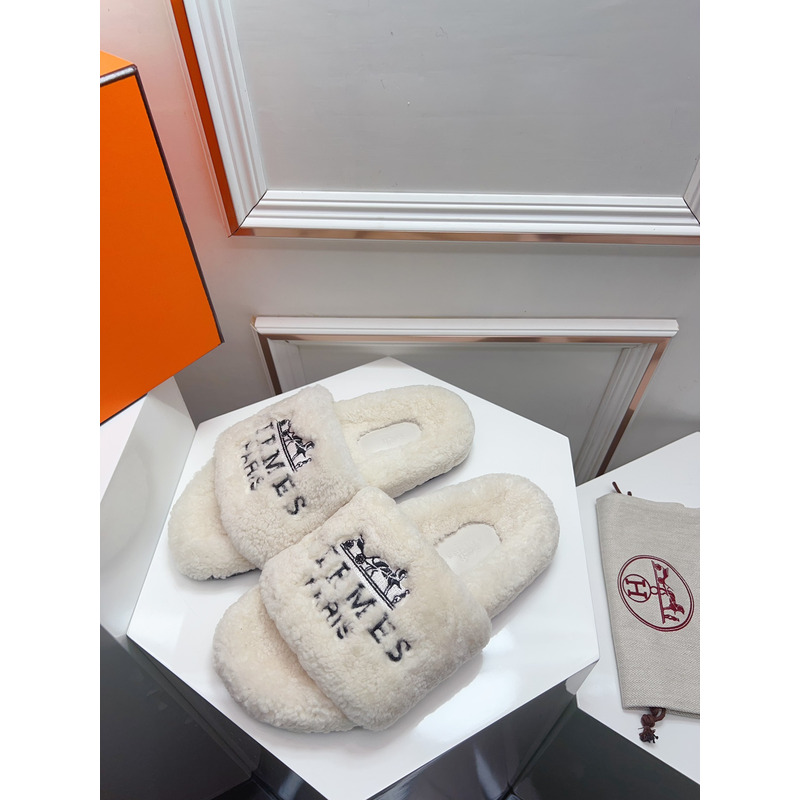 Hermès Logo Embroidered Fur Slippers White