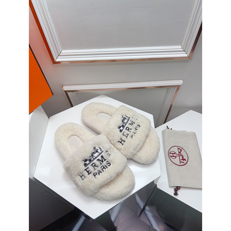 Hermès Logo Embroidered Fur Slippers White