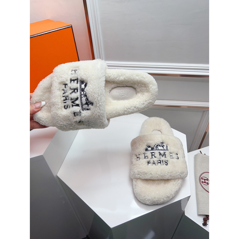 Hermès Logo Embroidered Fur Slippers White