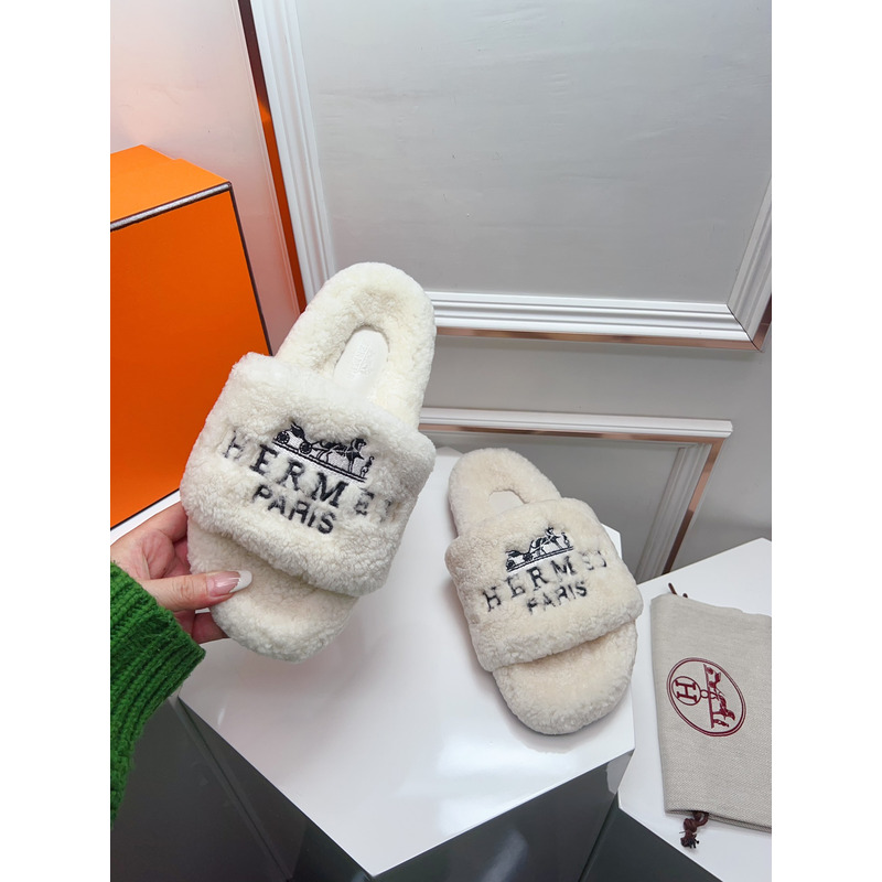 Hermès Logo Embroidered Fur Slippers White