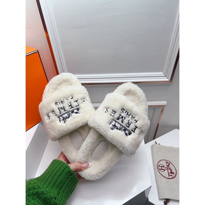 Hermès Logo Embroidered Fur Slippers White