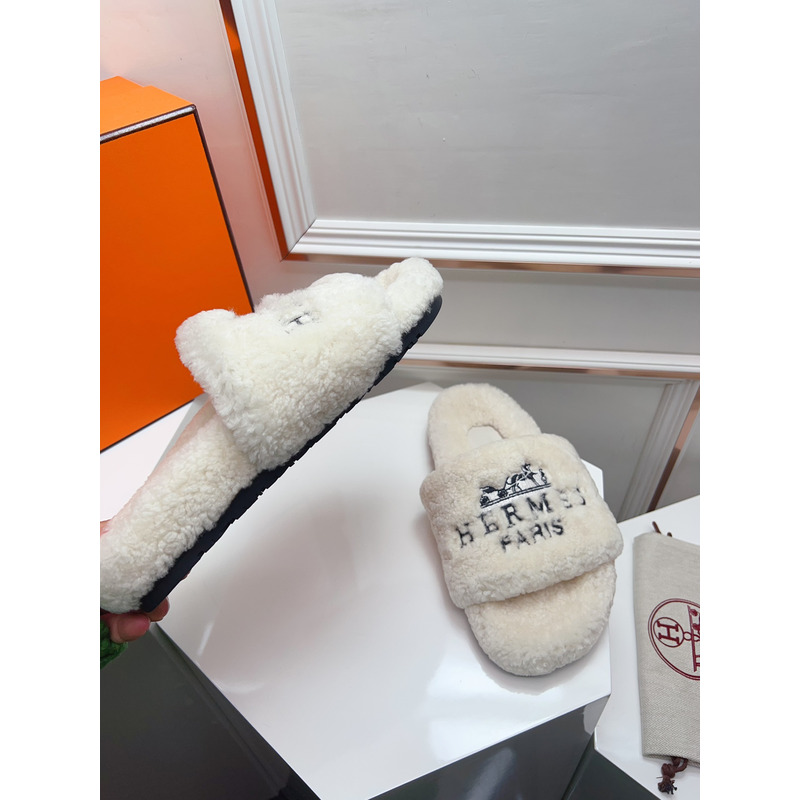 Hermès Logo Embroidered Fur Slippers White