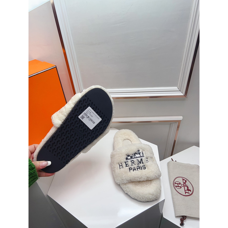 Hermès Logo Embroidered Fur Slippers White