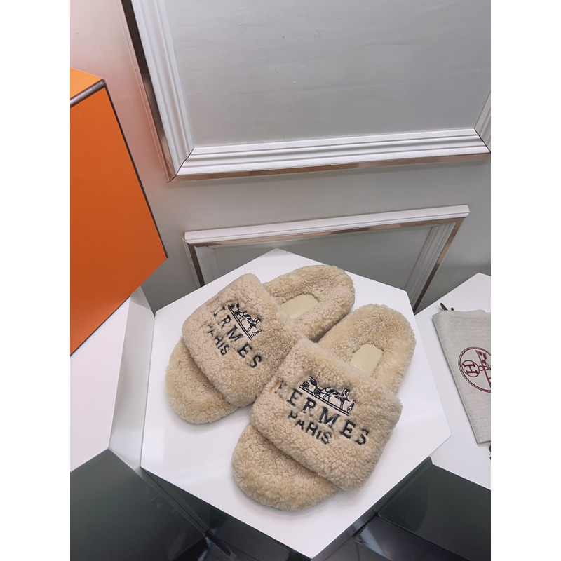 Hermès Logo Embroidered Fur Slippers Beige