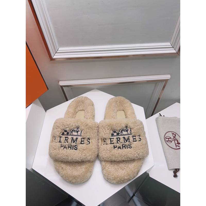 Hermès Logo Embroidered Fur Slippers Beige