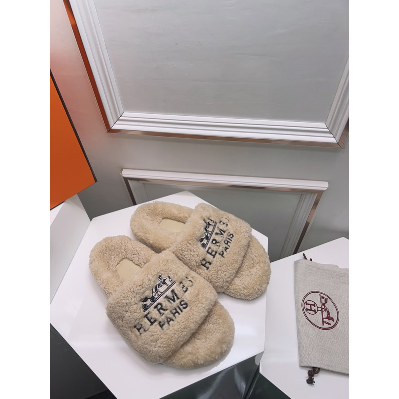 Hermès Logo Embroidered Fur Slippers Beige