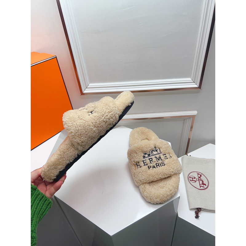 Hermès Logo Embroidered Fur Slippers Beige