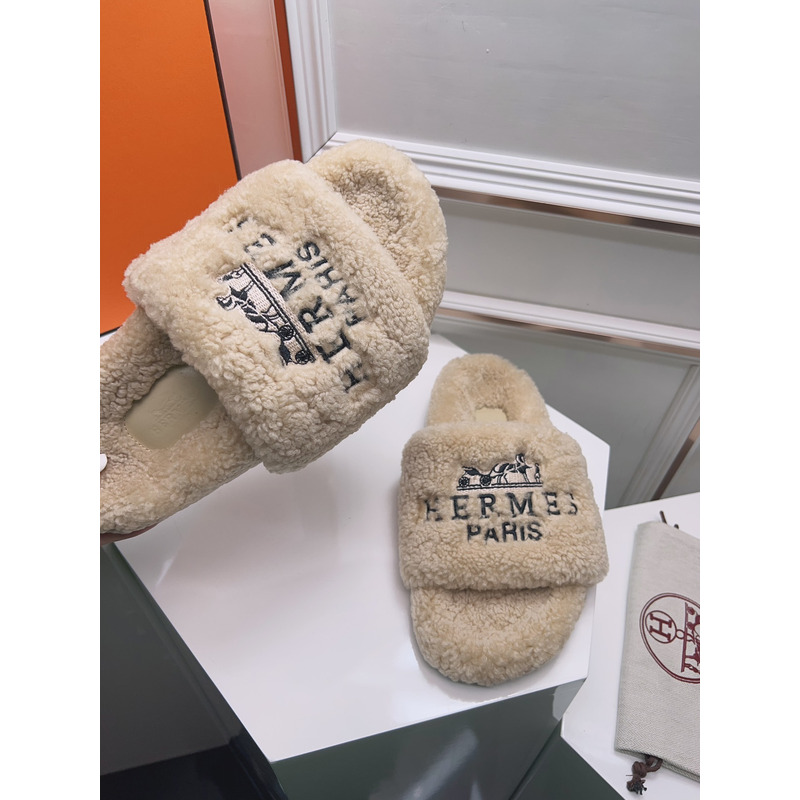 Hermès Logo Embroidered Fur Slippers Beige