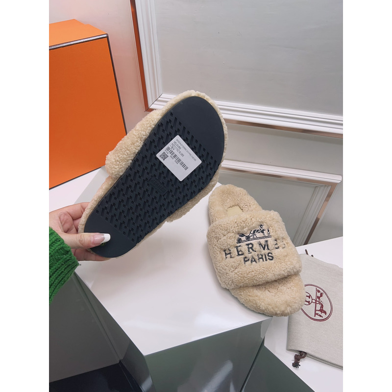 Hermès Logo Embroidered Fur Slippers Beige