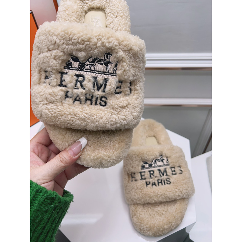 Hermès Logo Embroidered Fur Slippers Beige