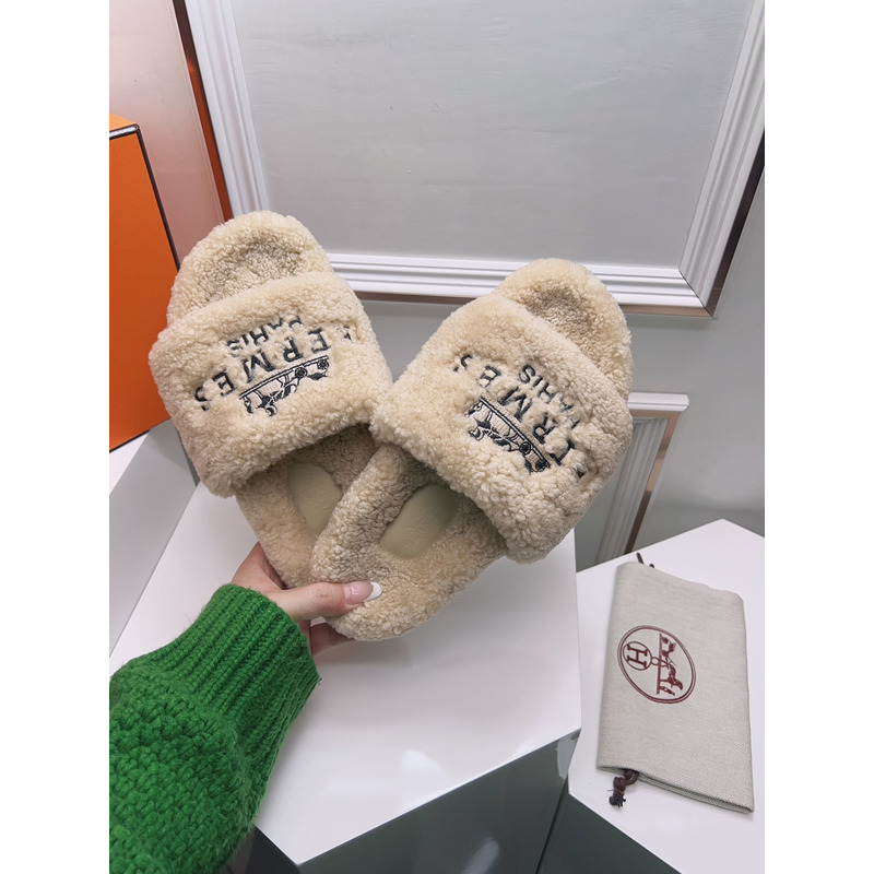 Hermès Logo Embroidered Fur Slippers Beige