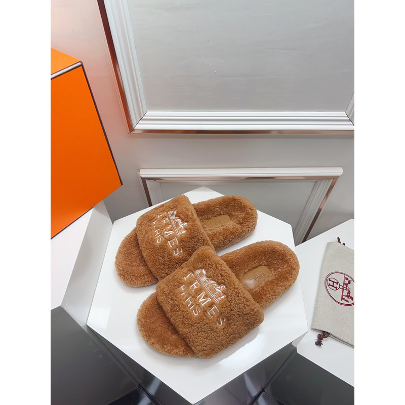 Hermès Logo Embroidered Fur Slippers Brown