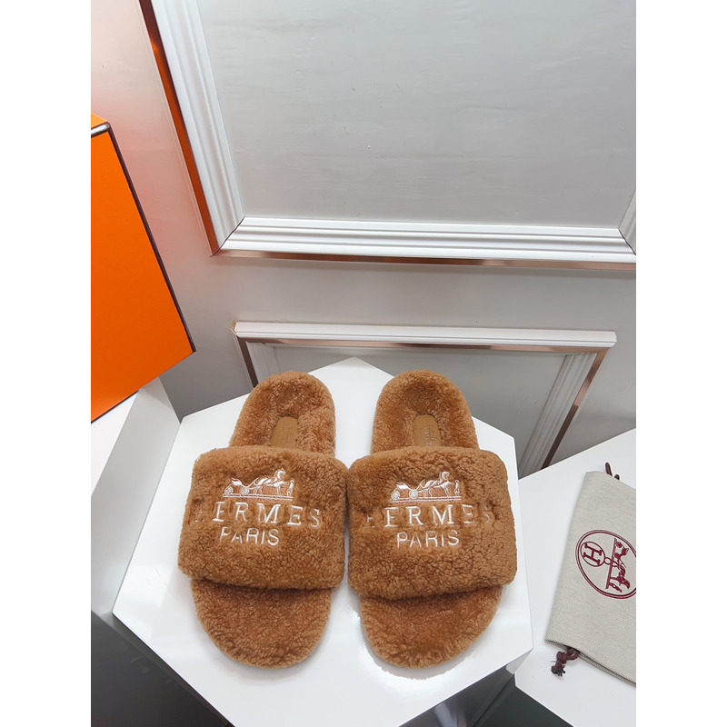 Hermès Logo Embroidered Fur Slippers Brown