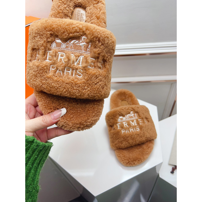 Hermès Logo Embroidered Fur Slippers Brown