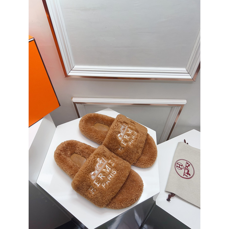 Hermès Logo Embroidered Fur Slippers Brown