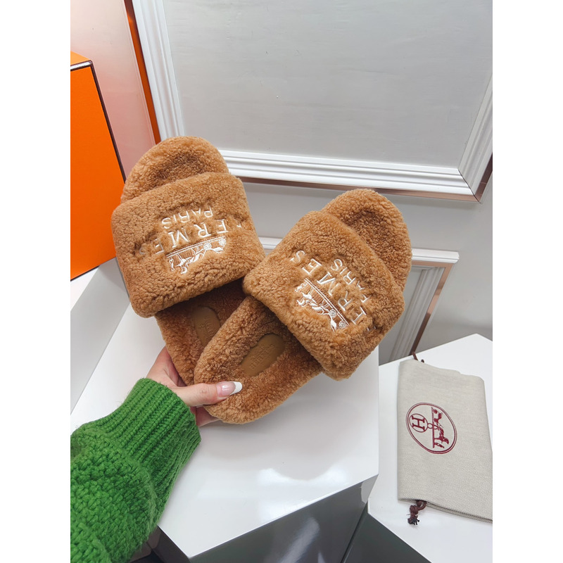 Hermès Logo Embroidered Fur Slippers Brown