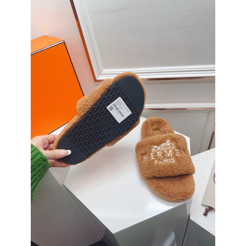 Hermès Logo Embroidered Fur Slippers Brown