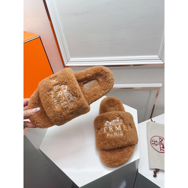 Hermès Logo Embroidered Fur Slippers Brown